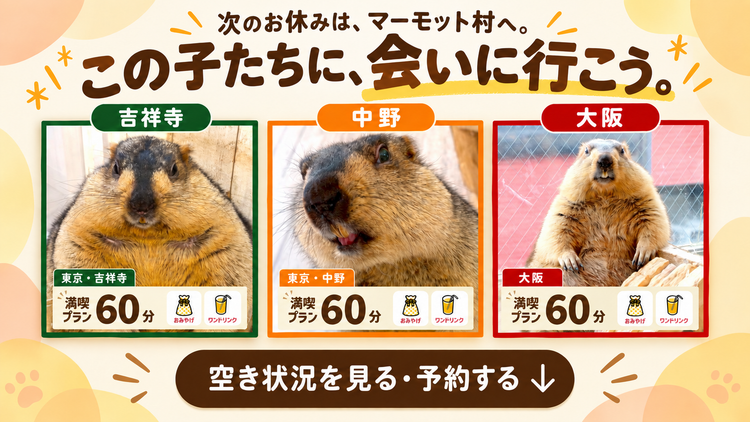 この子たちに、会いに行こう。東京・吉祥寺、東京・中野、大阪・守口の3拠点。満喫60分、ワンドリンク・お土産付き。