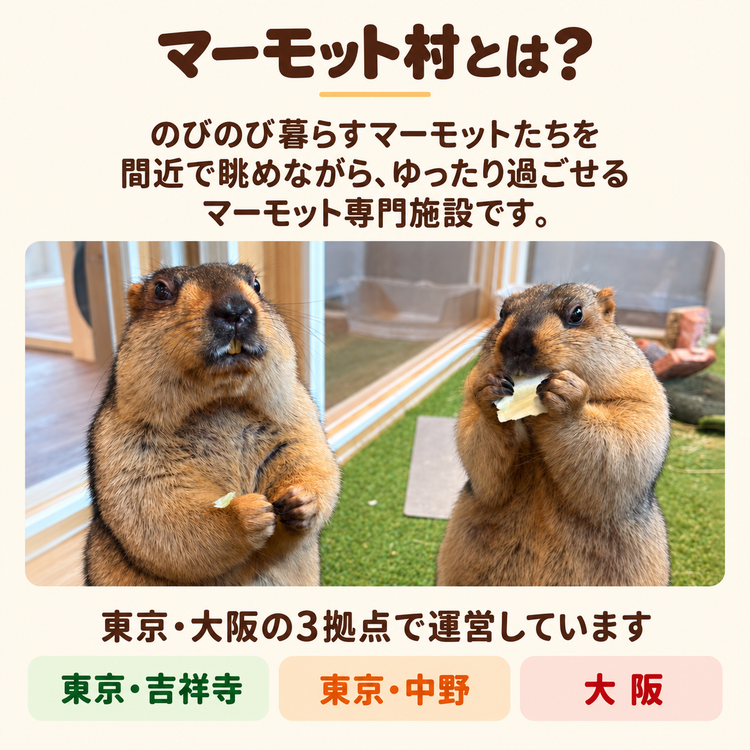 マーモット村とは? のびのび暮らすマーモットたちを見守る、東京・大阪3拠点のご案内。