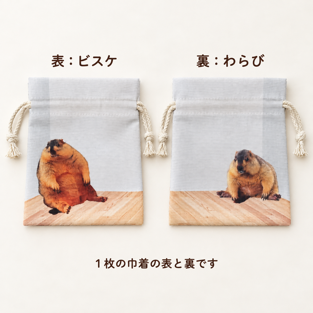 すみっこビスケ＆わらび巾着の表と裏の比較（巾着1枚）